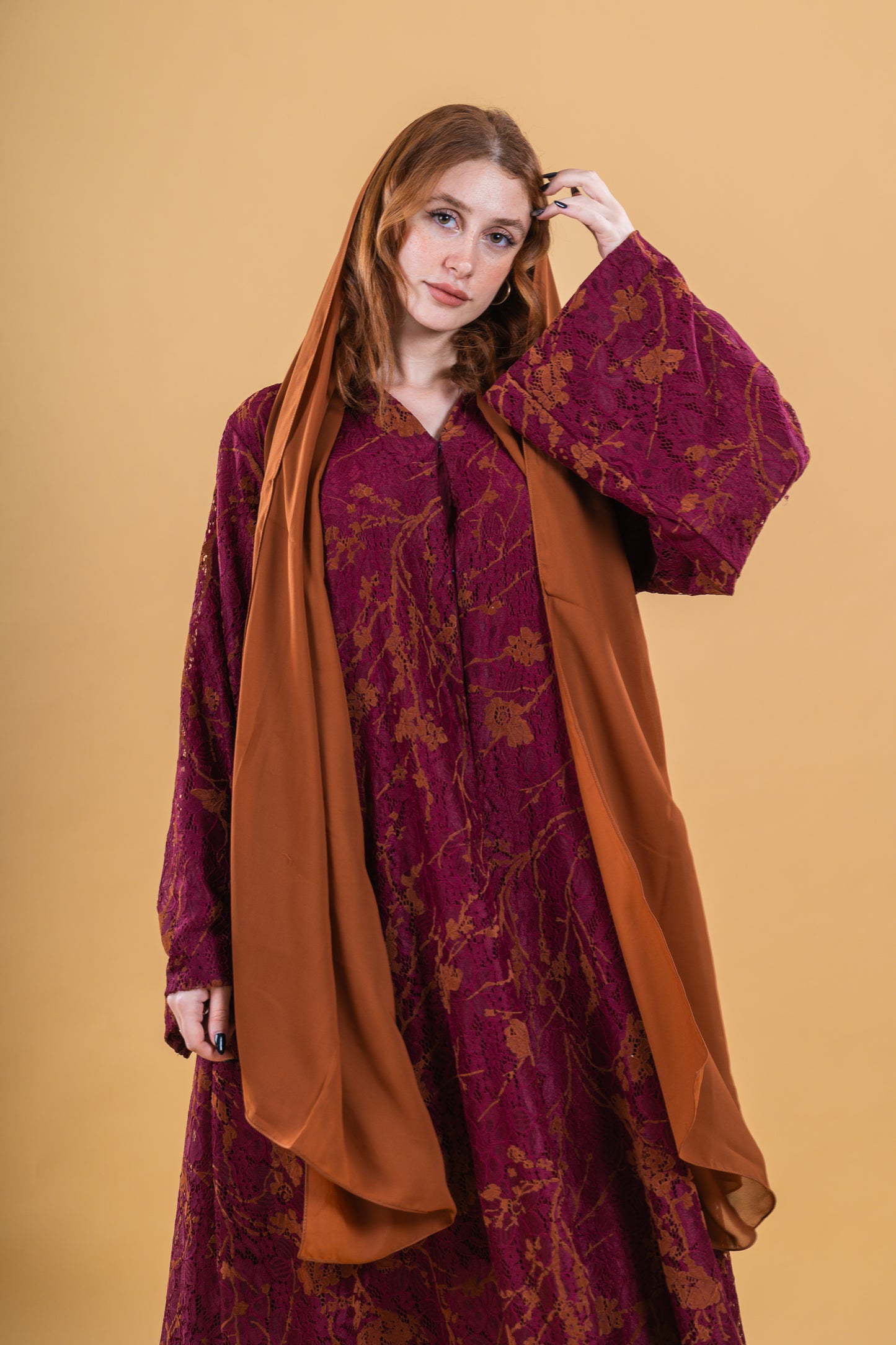 Lace Abaya Burnt Maroon-Orange