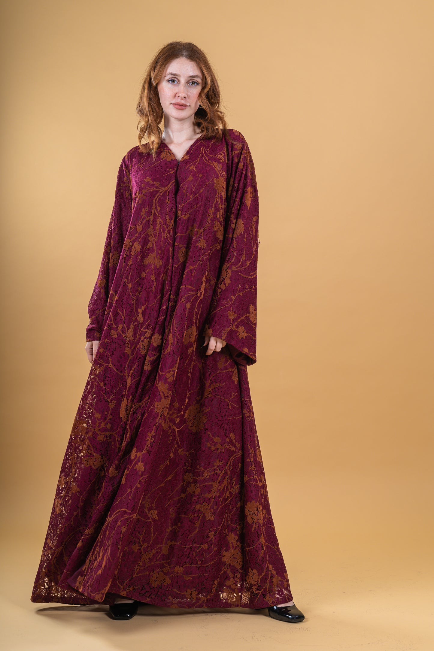 Lace Abaya Burnt Maroon-Orange