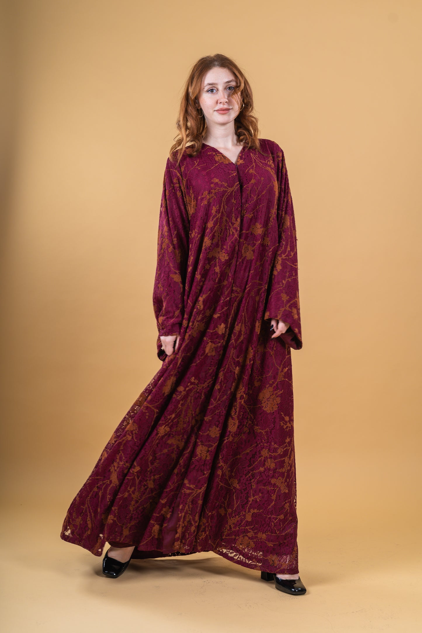 Lace Abaya Burnt Maroon-Orange