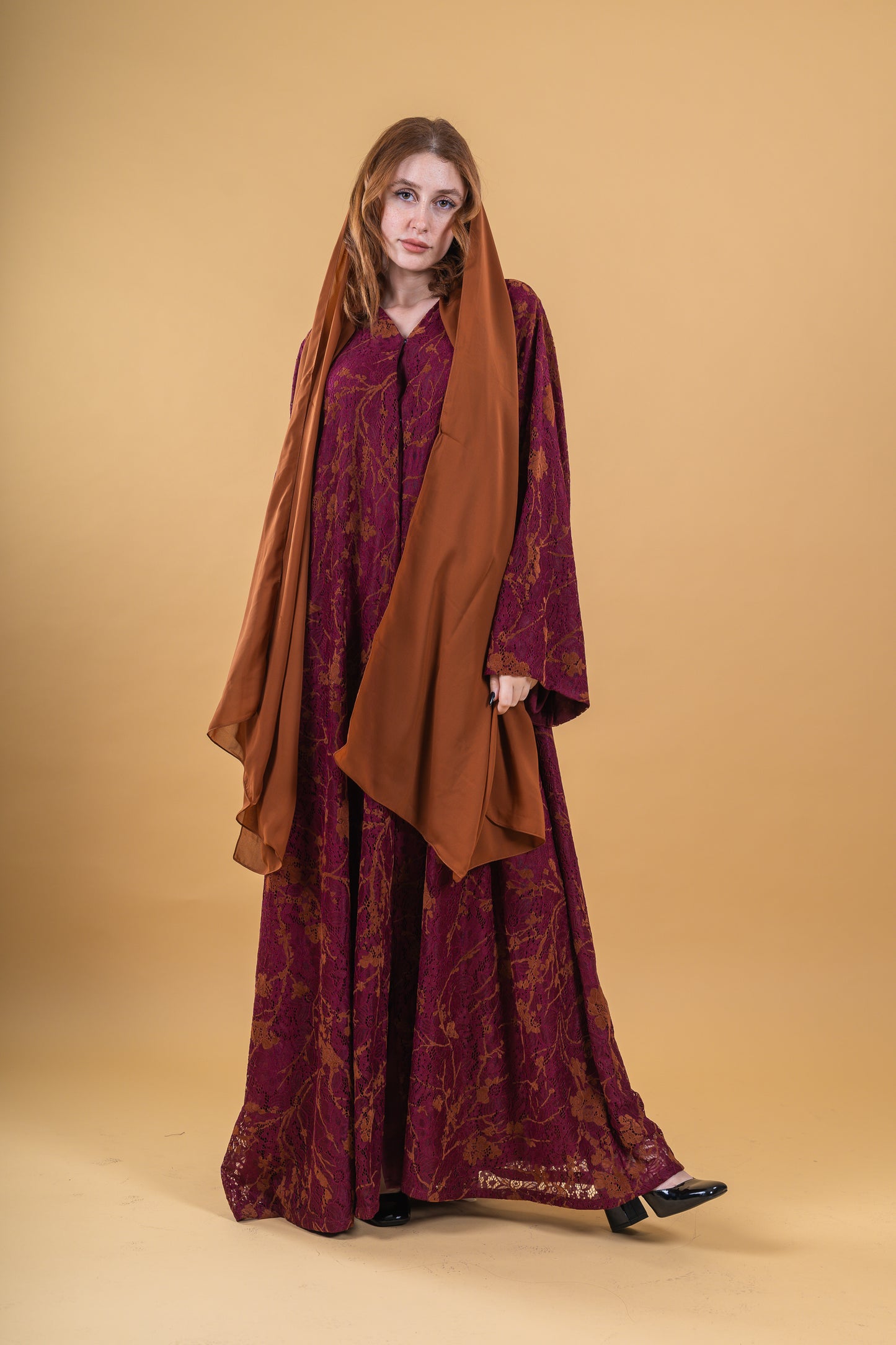 Lace Abaya Burnt Maroon-Orange