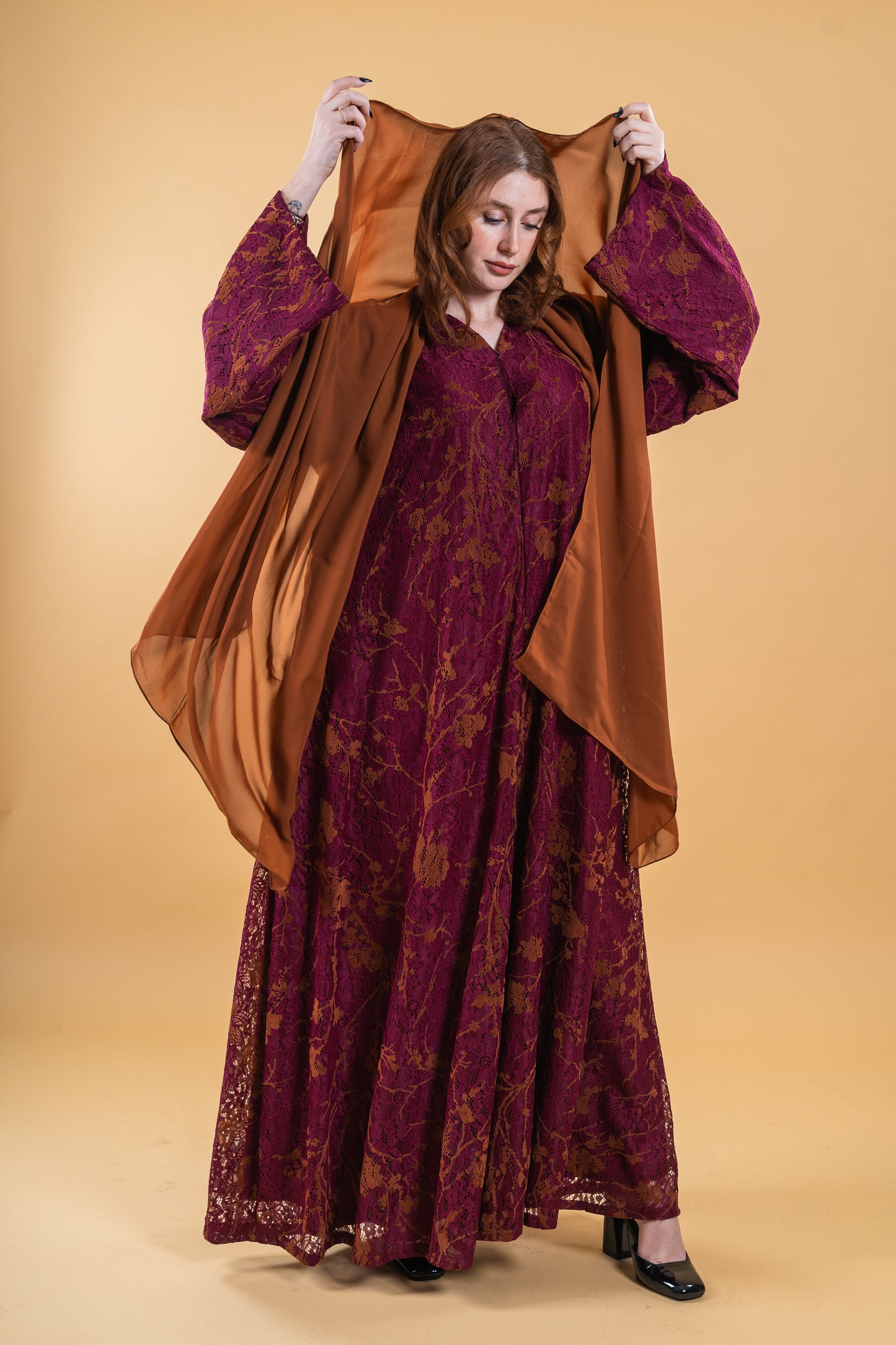 Lace Abaya Burnt Maroon-Orange