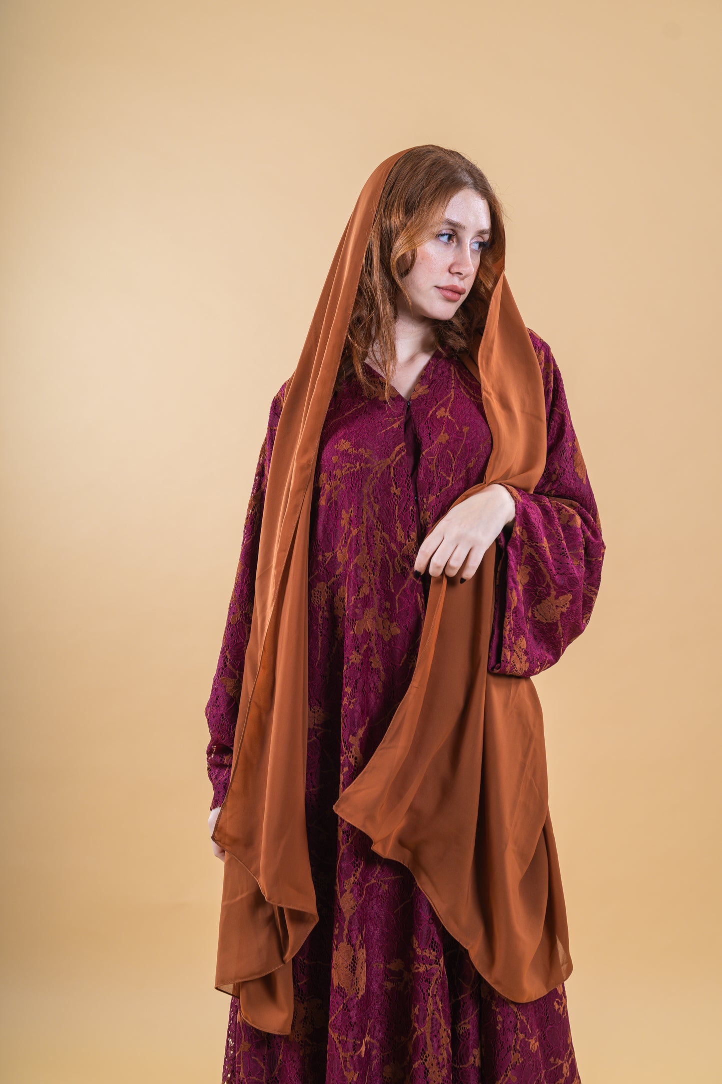 Lace Abaya Burnt Maroon-Orange